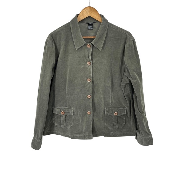 Corduroy Chore Jacket Women Size 14 Green Utility Academia Gorpcore Button Pockt - Picture 3 of 9